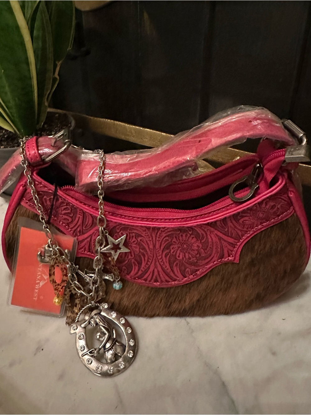 Montana West Genuine COWHIDE HAIR ON crescent bag hobo Hot Pink free jewelry set